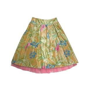 Frascara tulle skirt size 6 A-Line pleated printed maxi skirt green pink floral
